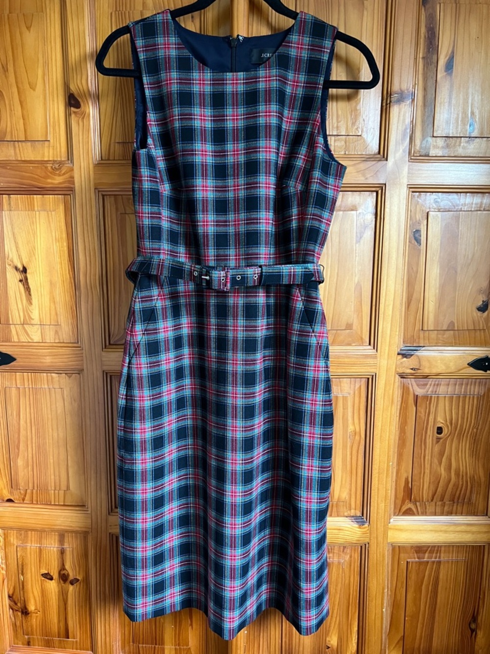J. Crew Sleeveless Plaid Midi Dress in Black & Red